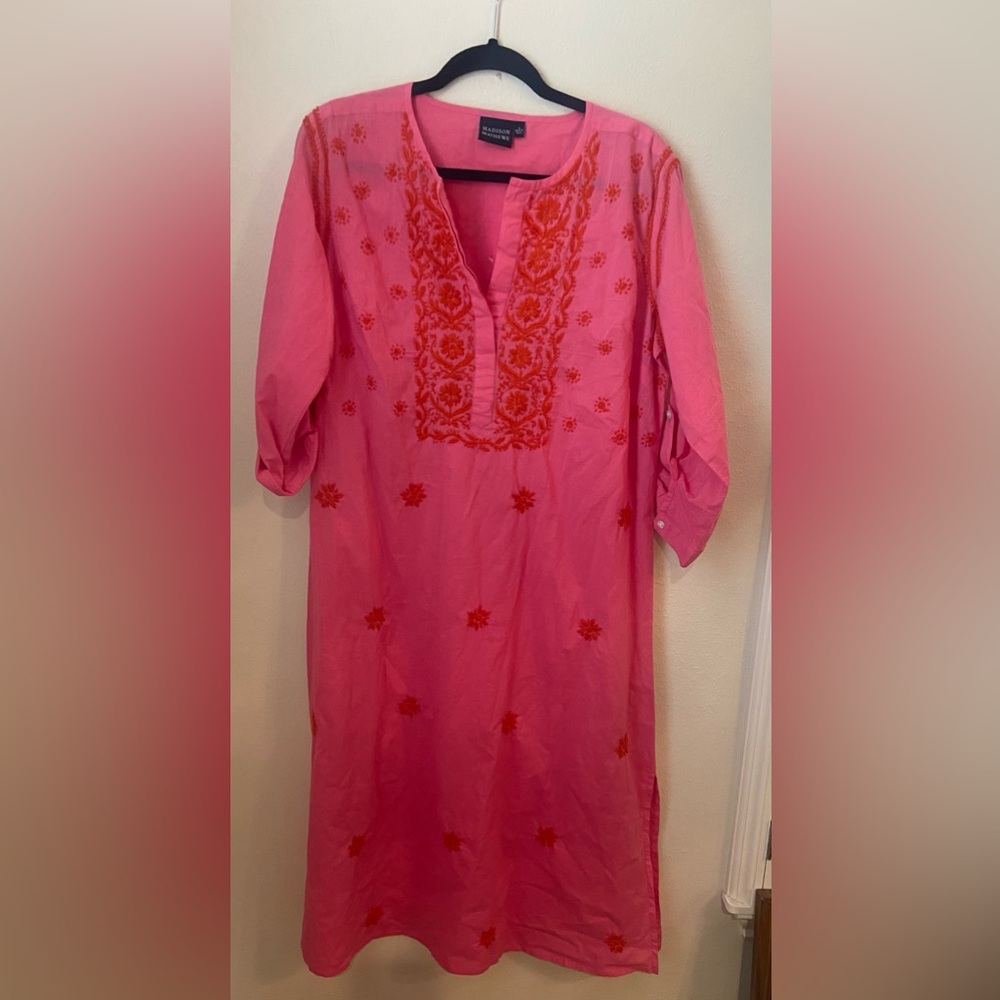 Madison Mathews Pink Embroidered Cotton Tunic Dress (Large)